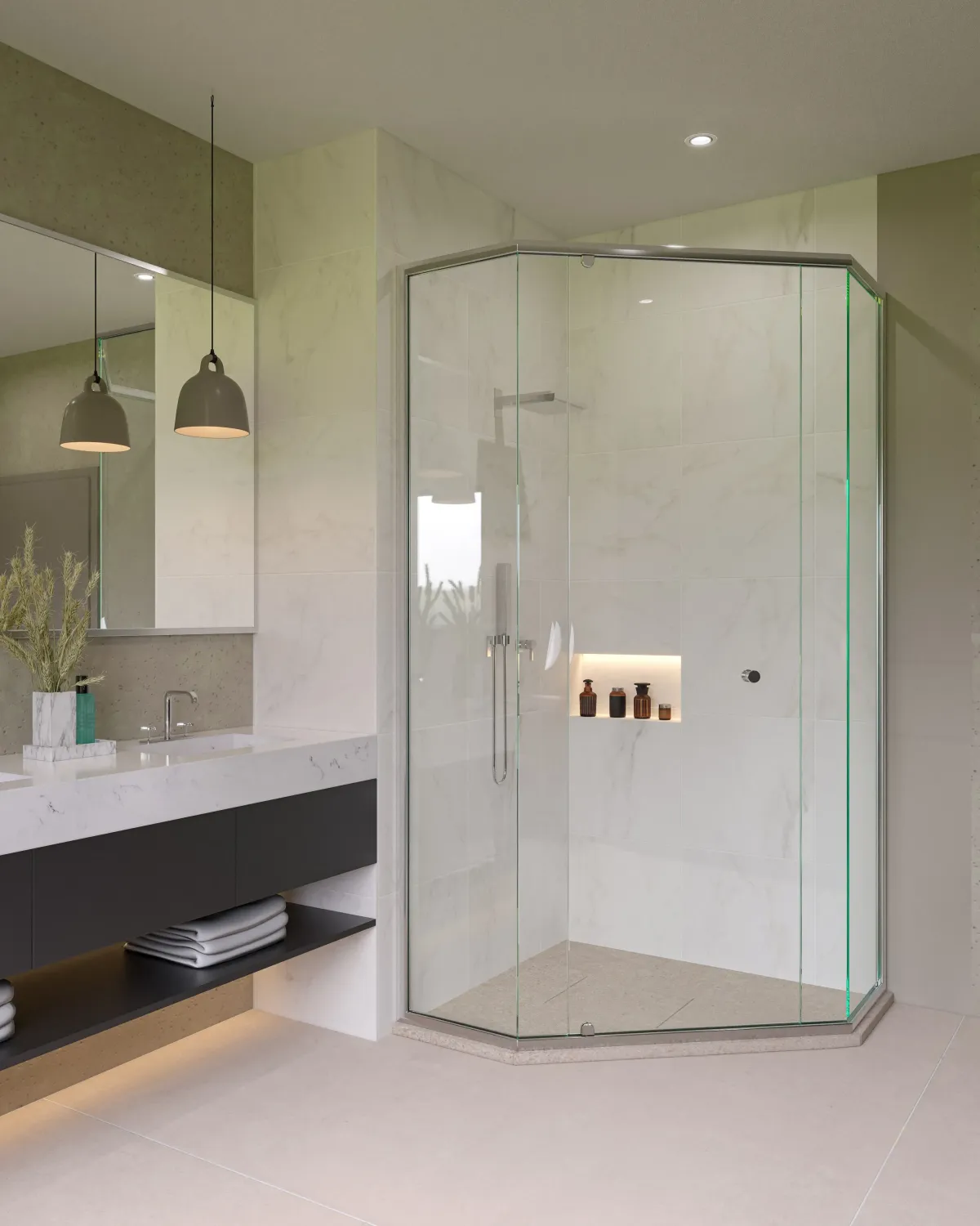 Brisbane bathroom with custom semi frameless glass shower screen, double vanity, pendant lights, and marble-look tiles.