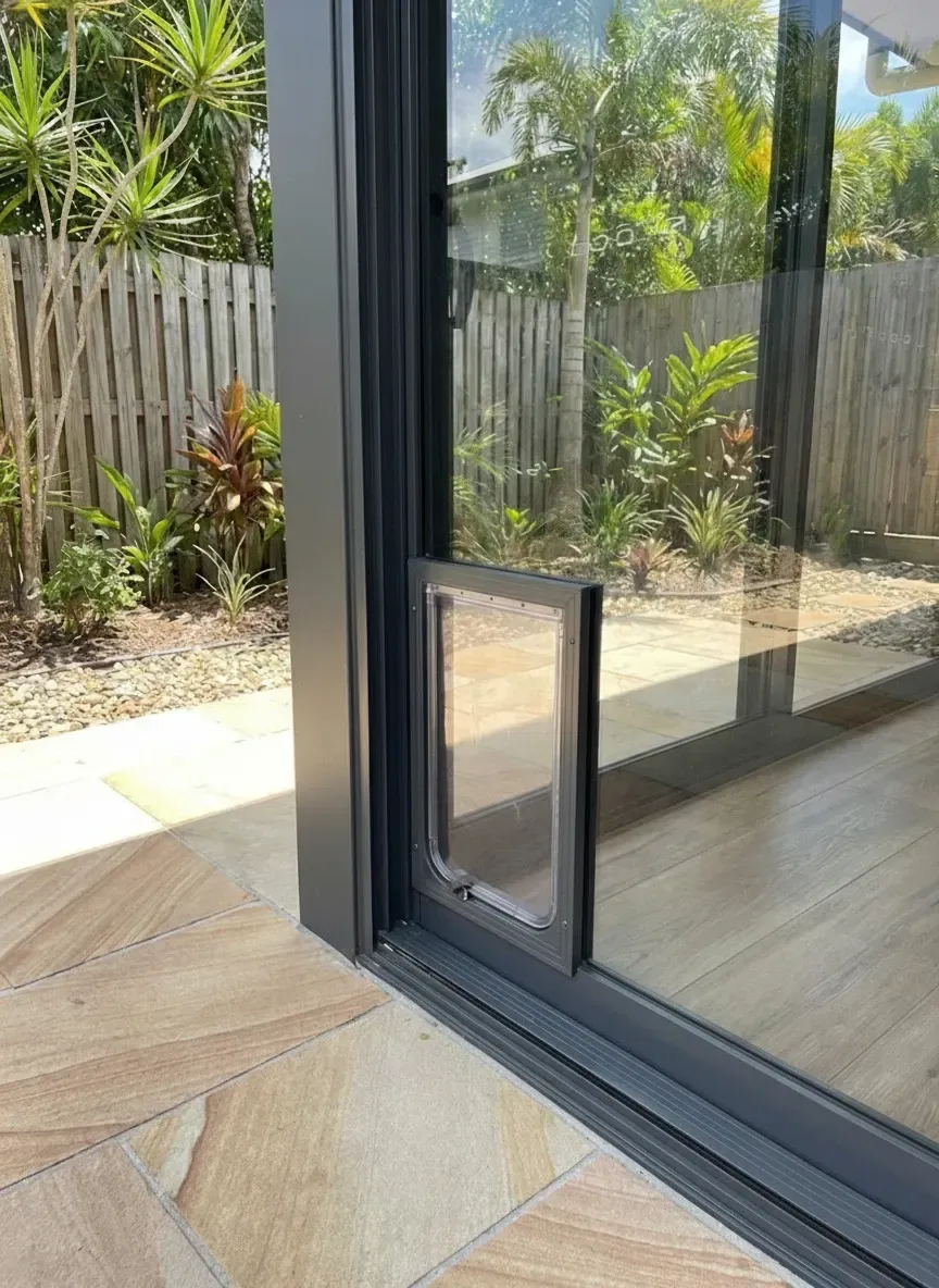 Glass integrated dog doors Teneriffe installed into glass sliding doors using toughened safety glass and lockable cover