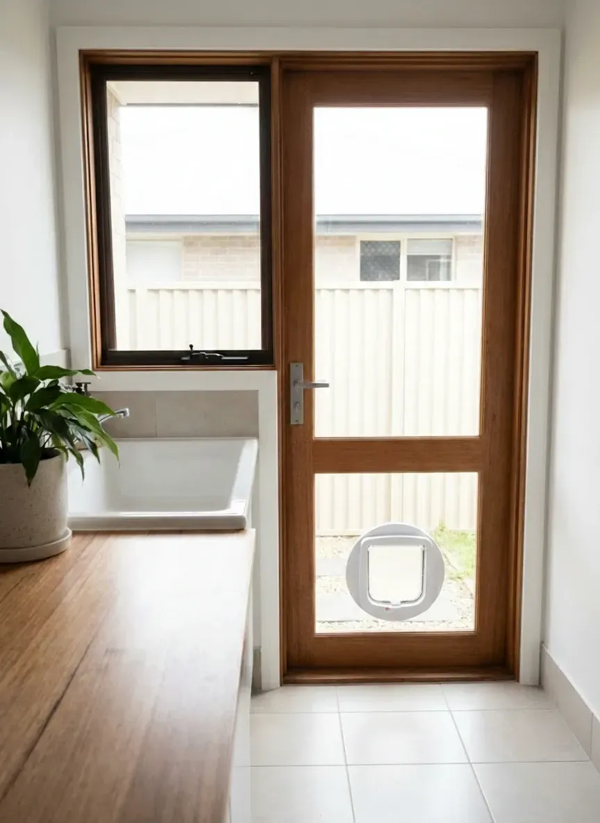 Pet doors Teneriffe correct procedure: new toughened glass panel made with pre-cut hole before installation into sliding door