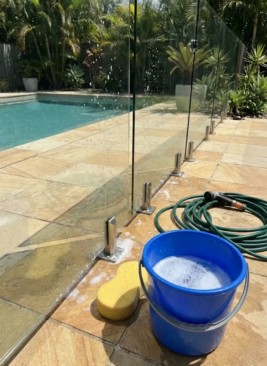 How to clean glass pool fences Teneriffe with warm soapy water and microfibre cloth to remove salt and chlorine residue