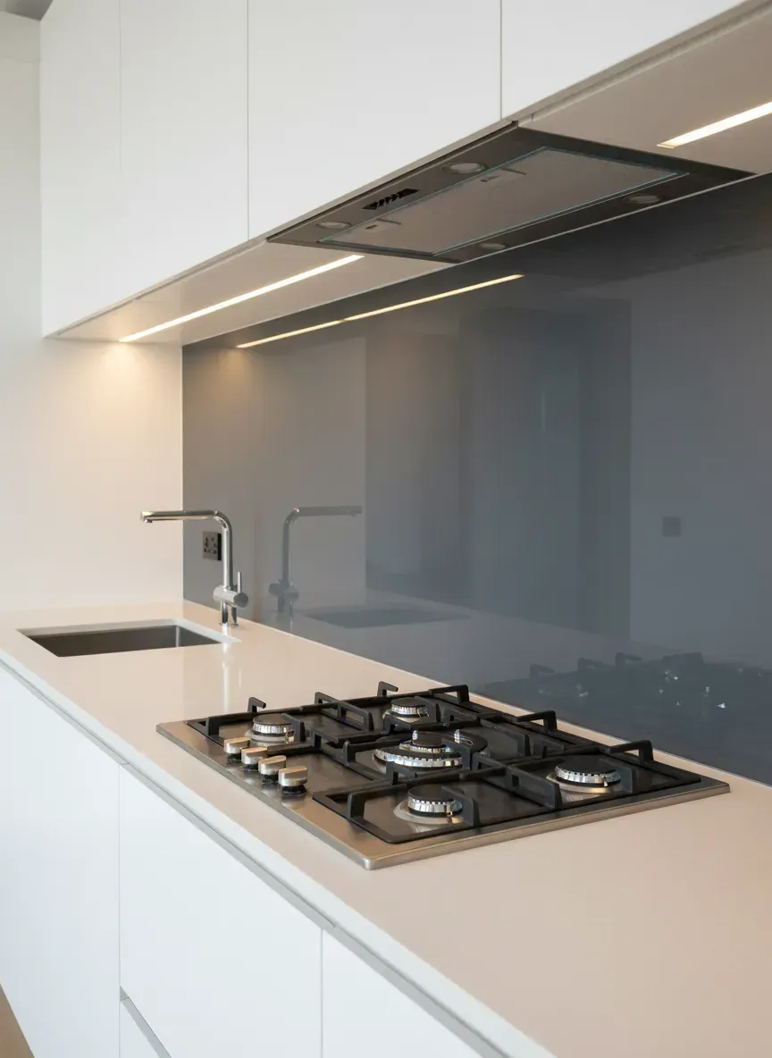 Seamless glass splashback installed in a Teneriffe apartment kitchen by a local glazier Teneriffe, showcasing quality custom glass