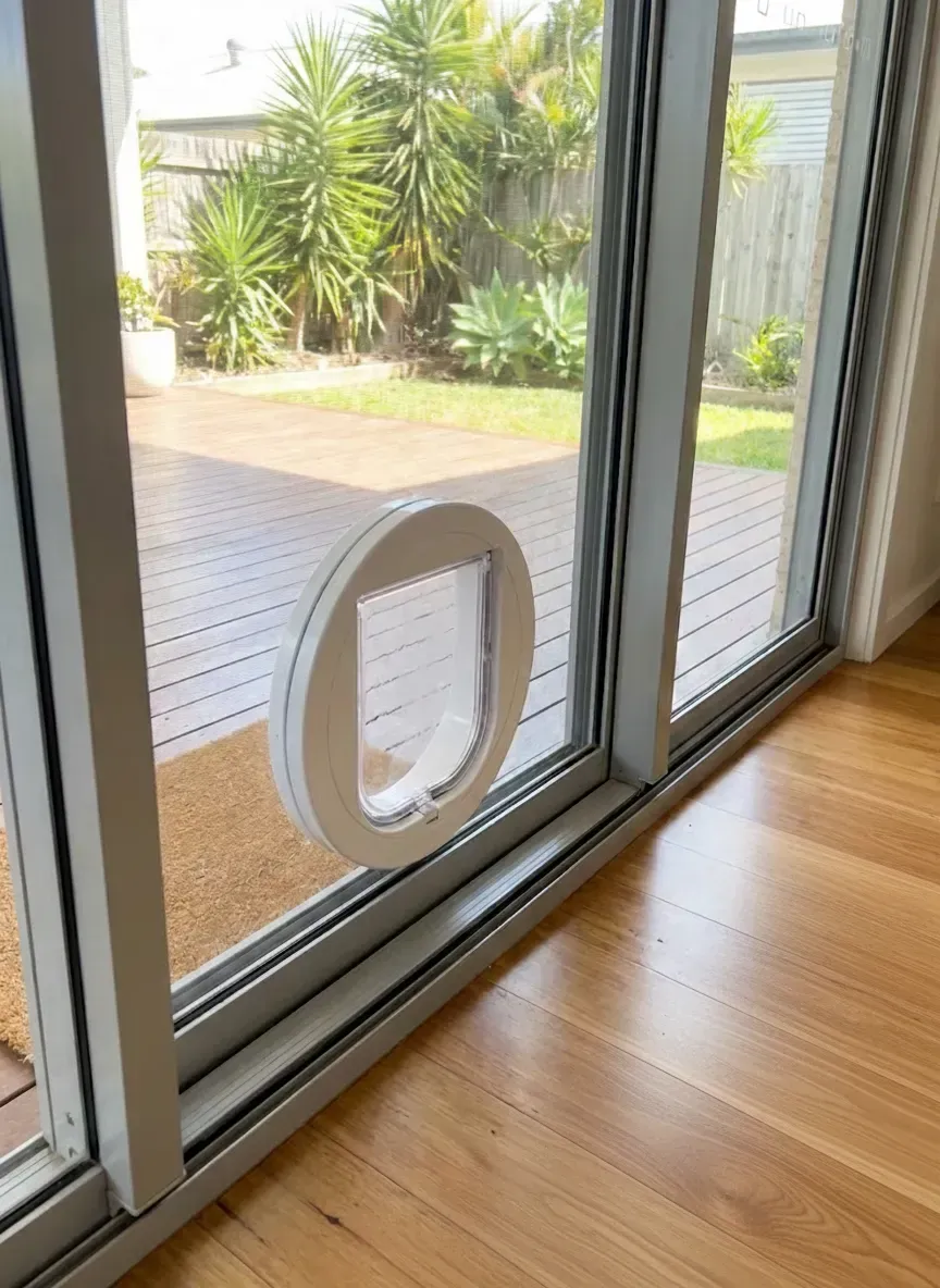 small cat flap installed into glass panel near back door in Brisbane home